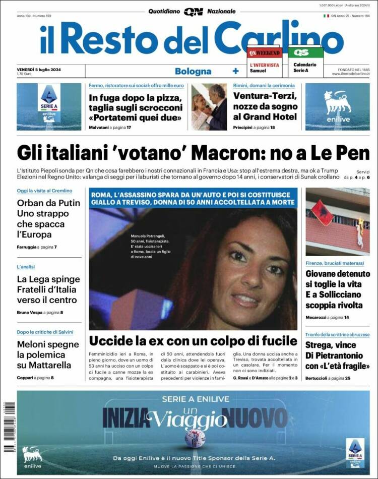 Portada de Il Resto del Carlino (Italia)