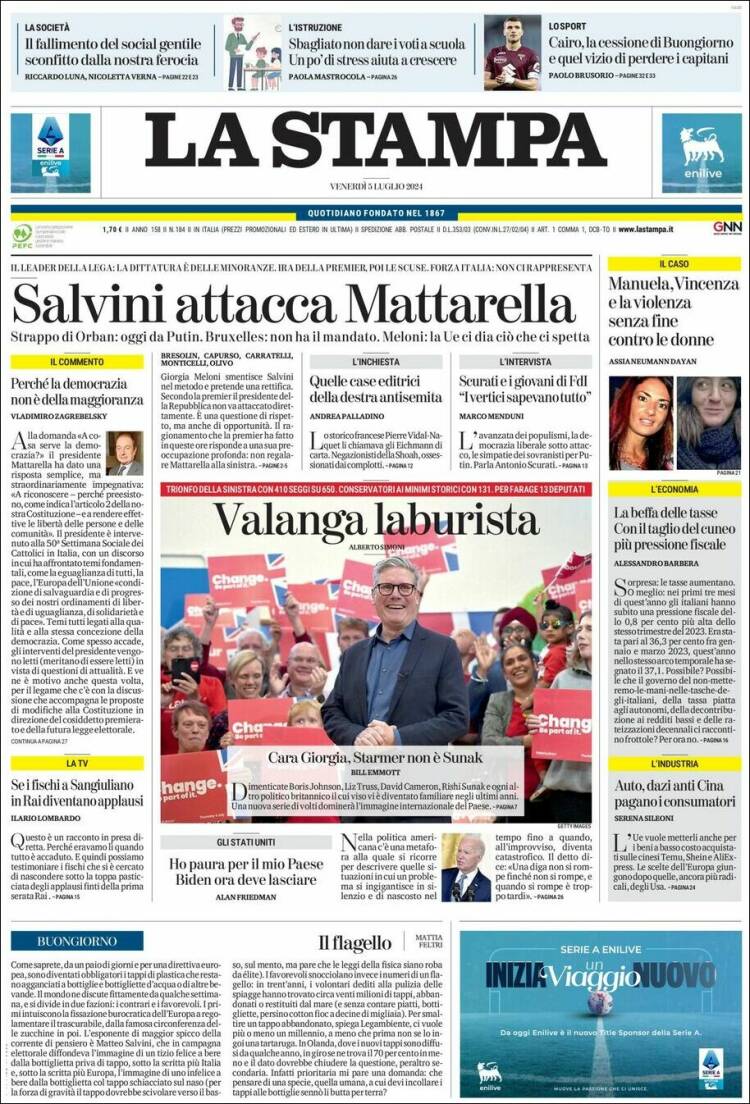 Portada de La Stampa (Italia)
