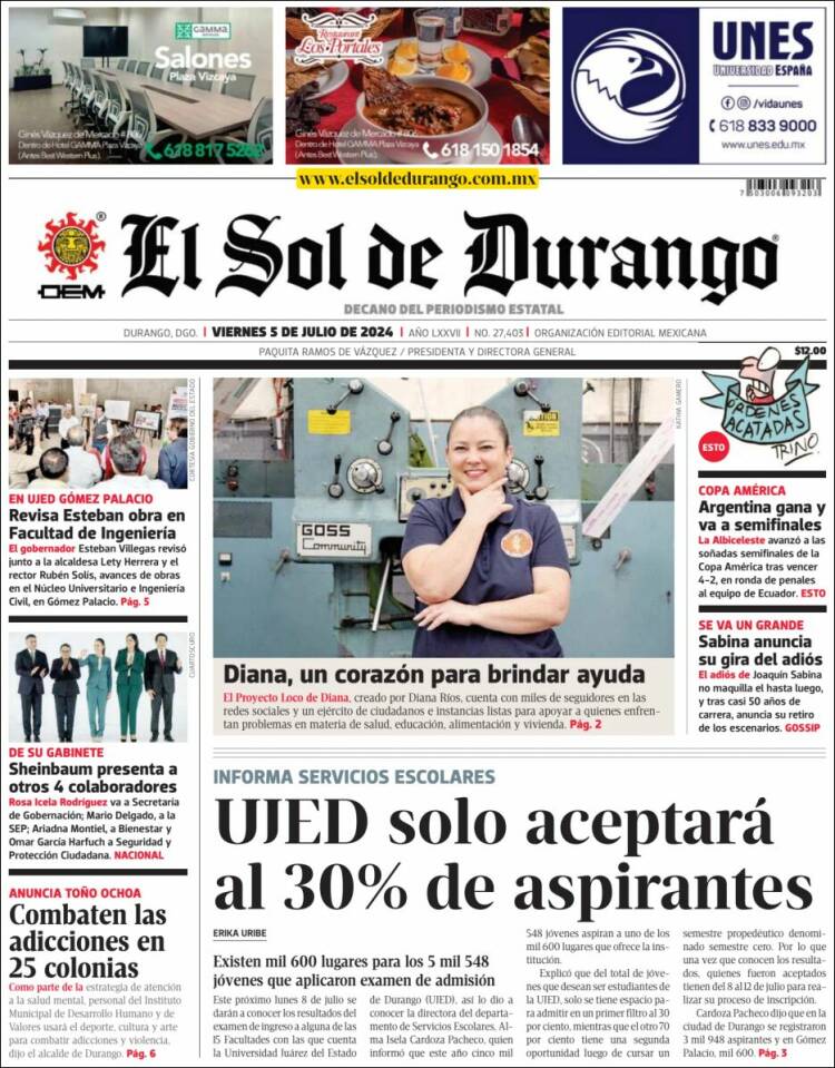 Portada de El Sol de Durango (México)