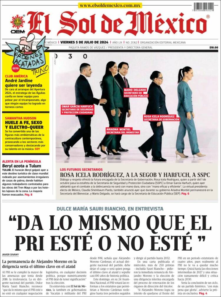 Portada de El Sol de México (México)