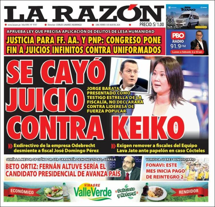 Portada de La Razón (Per&uacute;)