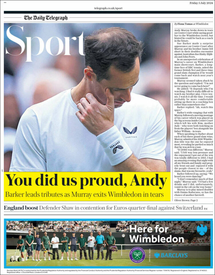 Portada de Telegraph Sport (Reino Unido)