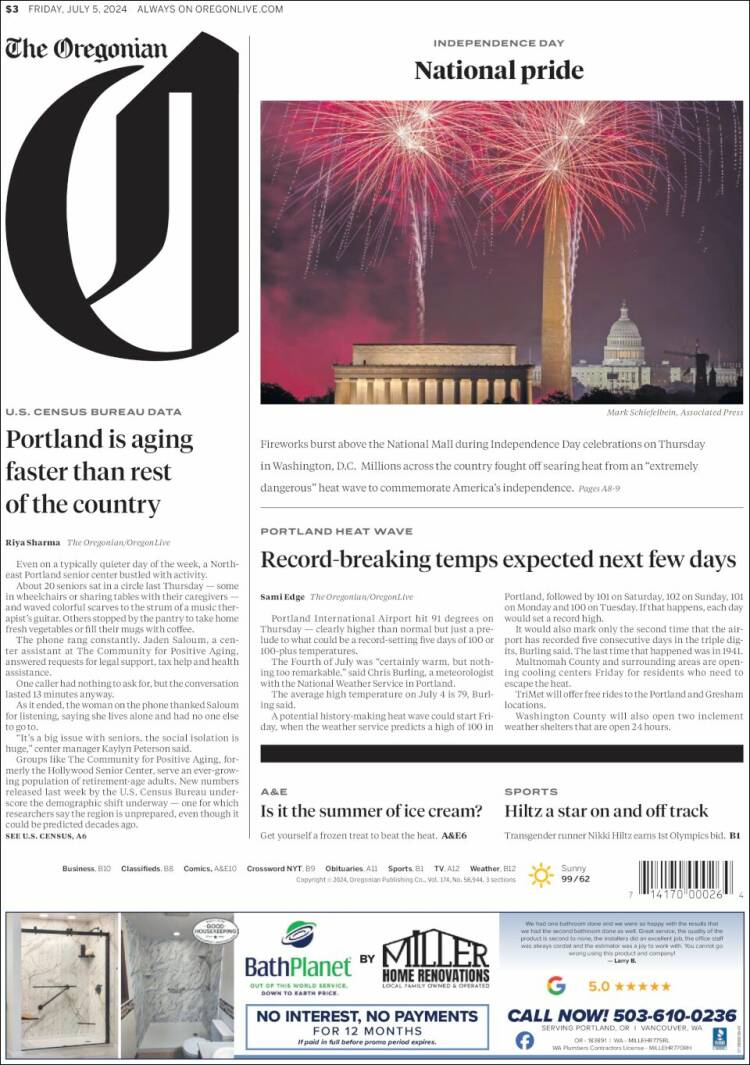 Portada de The Oregonian (USA)