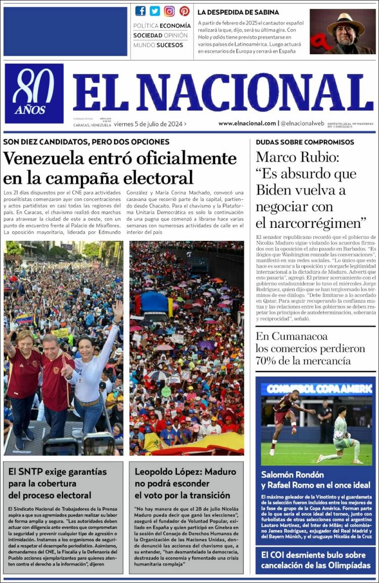 Portada de El Nacional (Venezuela)