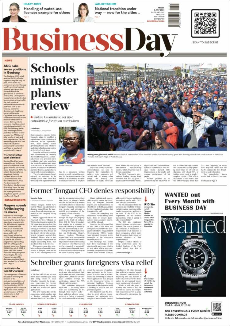 Portada de Business Day (Sud&aacute;frica)