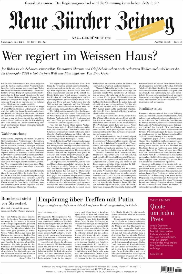 Portada de Neue Zürcher Zeitung (Suiza)