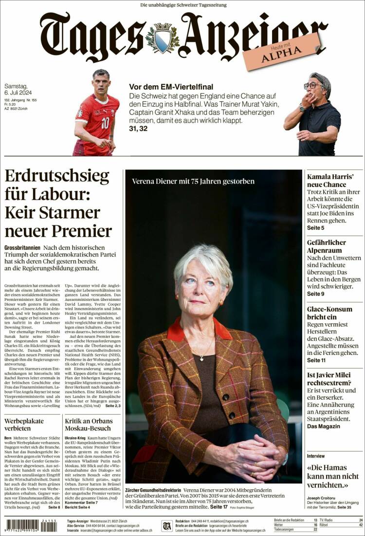 Portada de Tages-Anzeiger (Suiza)