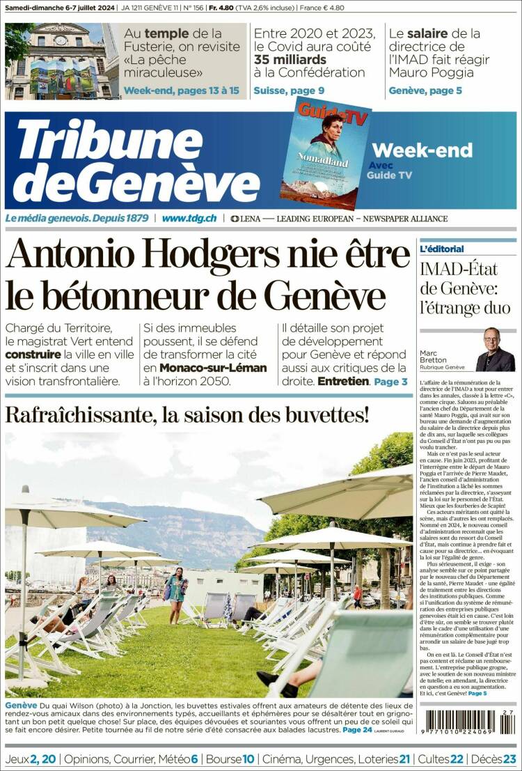 Portada de La Tribune de Genève (Suiza)