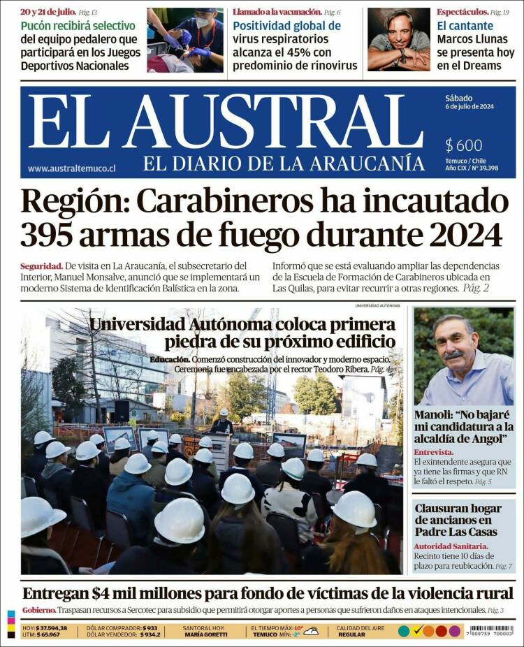 Portada de El Austral de Temuco (Chile)
