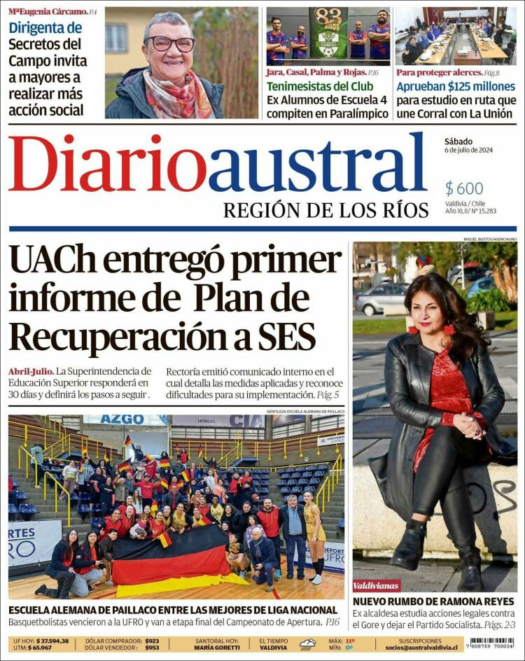 Portada de El Diario Austral de Valdivia (Chile)