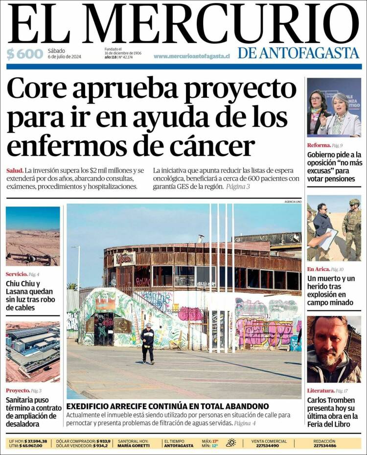 Portada de El Mercurio de Antofagasta (Chile)