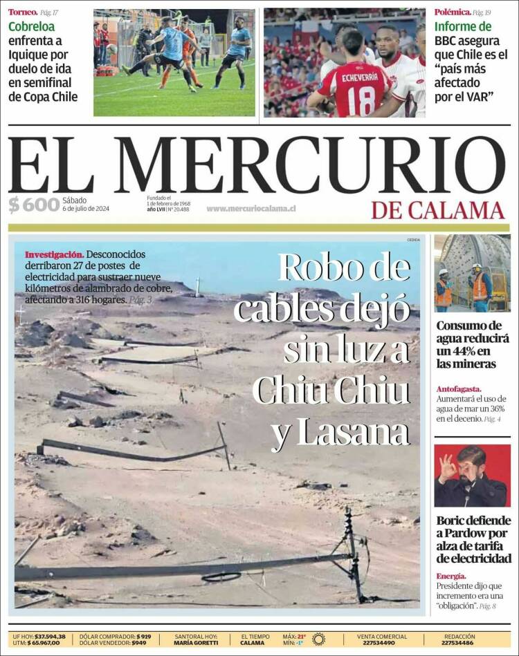 Portada de El Mercurio - Calama (Chile)
