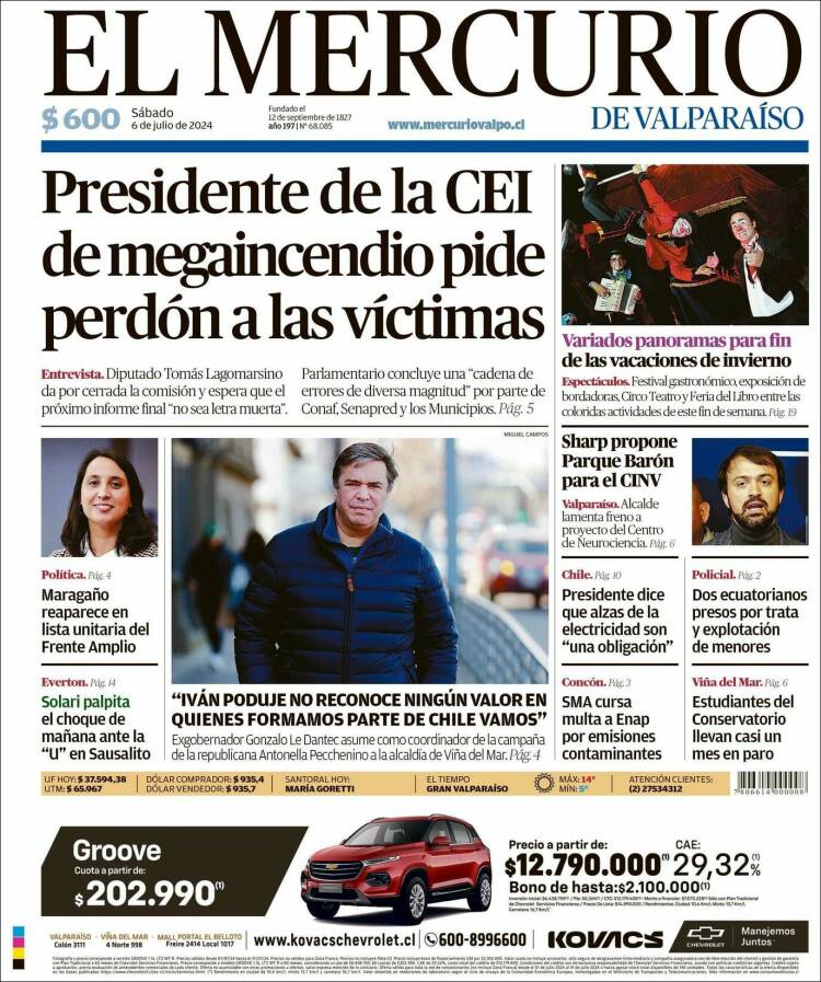 Portada de Mercurio de Valparaiso (Chile)
