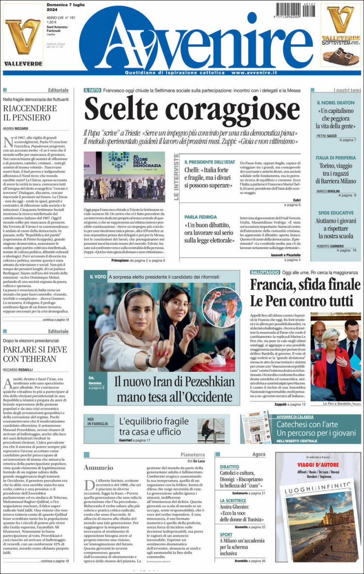 Portada de Avvenire (Italia)