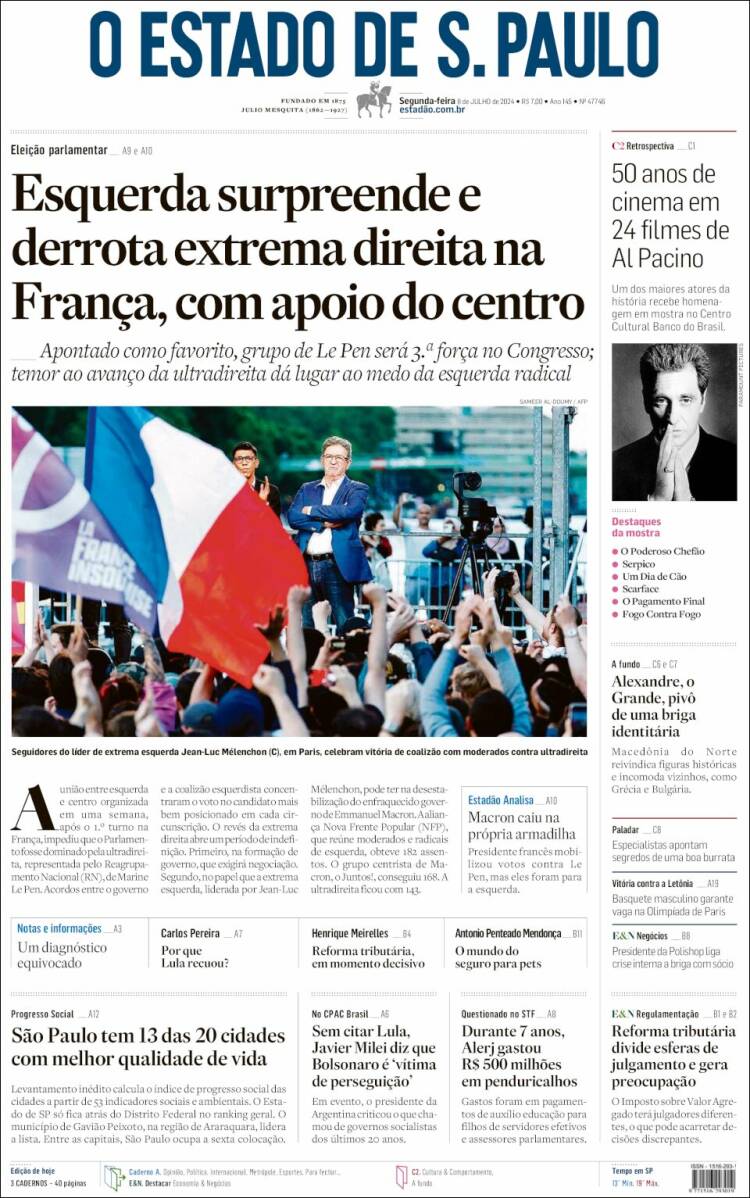 Portada de O Estado de São Paulo (Brasil)