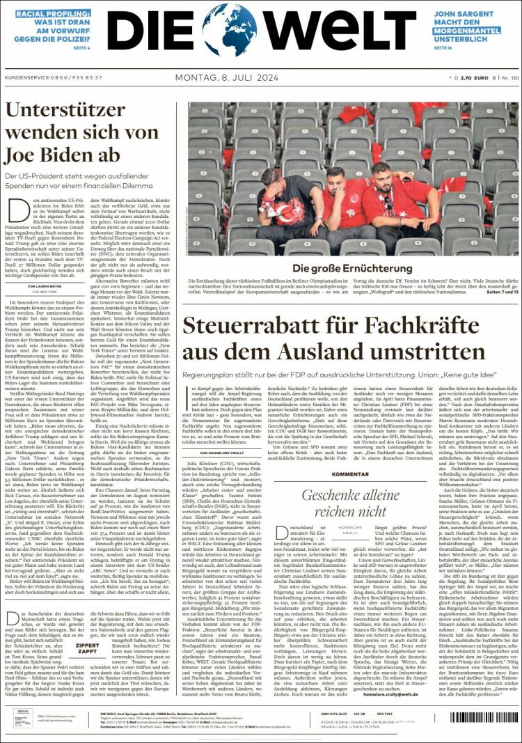 Portada de Die Welt (Alemania)