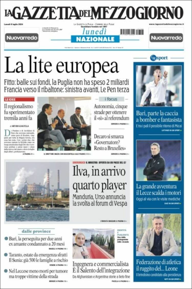 Portada de La Gazzetta del Mezzogiorno (Italia)