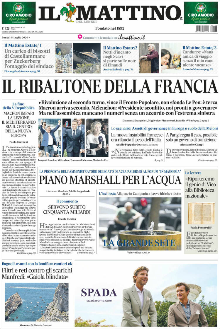 Portada de Il Mattino (Italia)