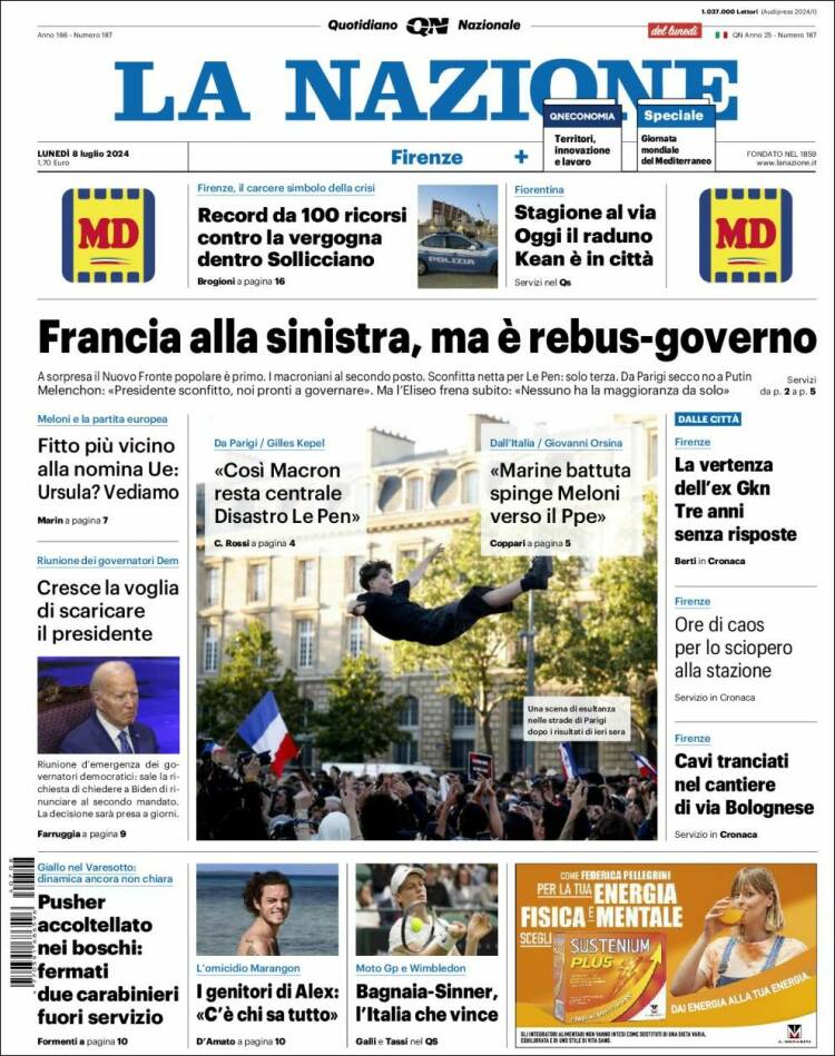 Portada de La Nazione (Italia)