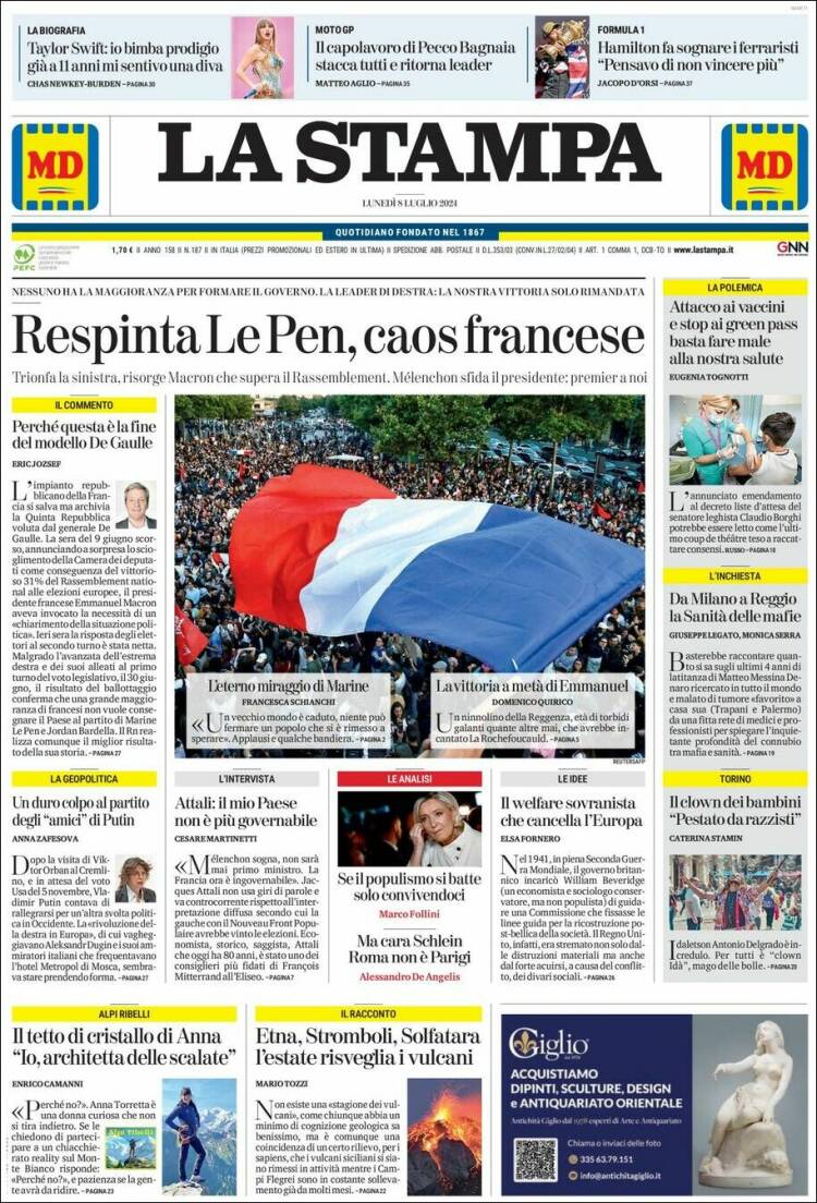 Portada de La Stampa (Italia)