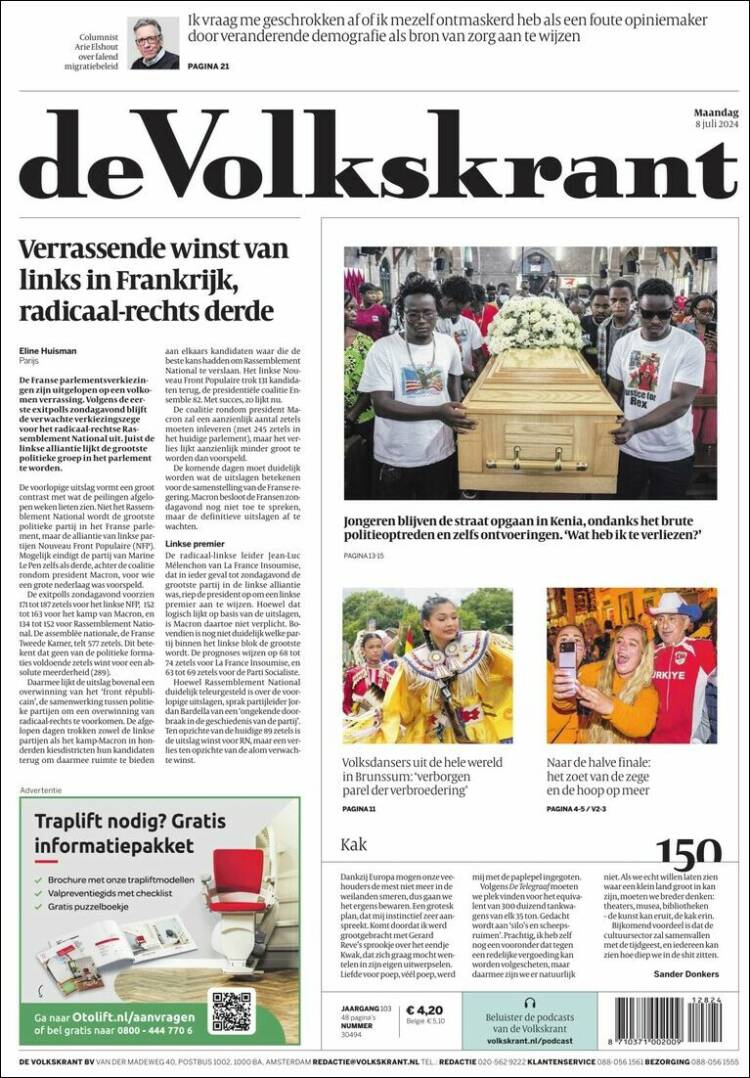 Portada de De Volkskrant (Pa&iacute;ses Bajos)