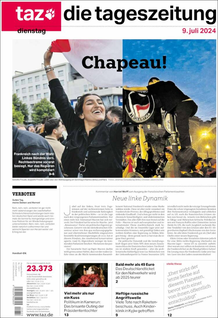 Portada de Die Tageszeitung (Alemania)