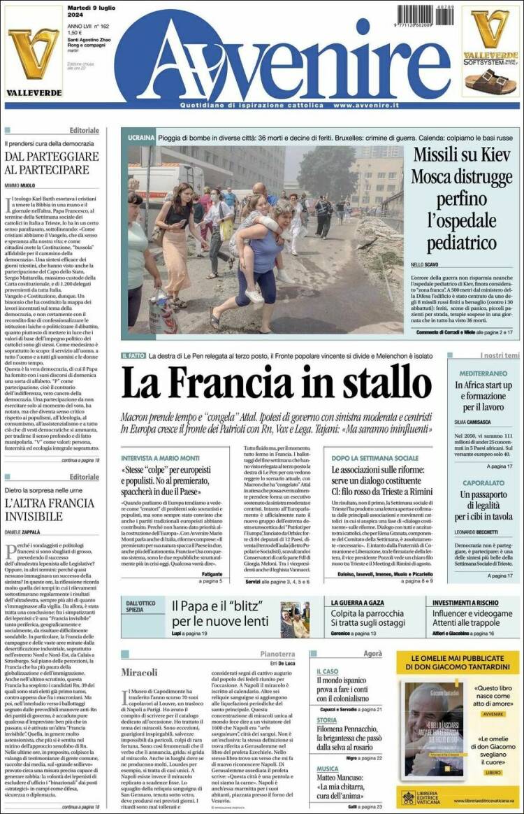 Portada de Avvenire (Italia)