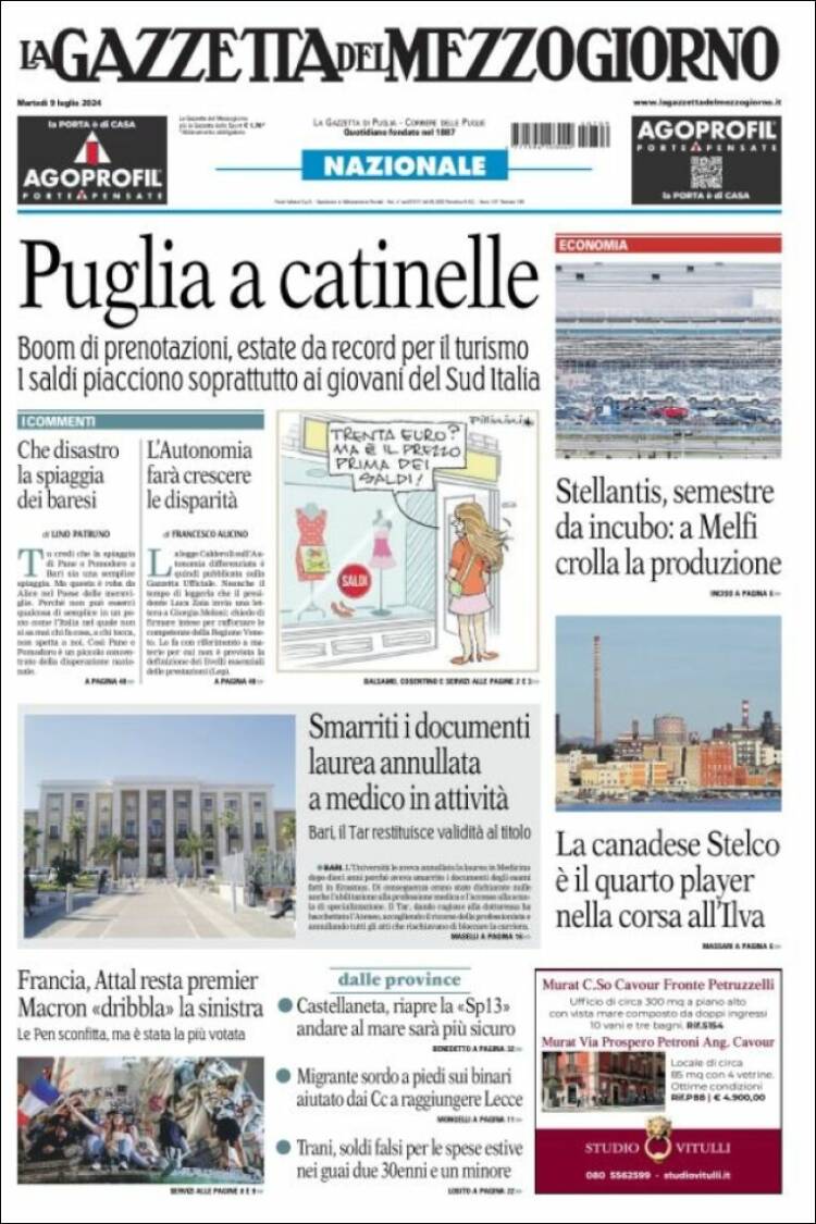 Portada de La Gazzetta del Mezzogiorno (Italia)