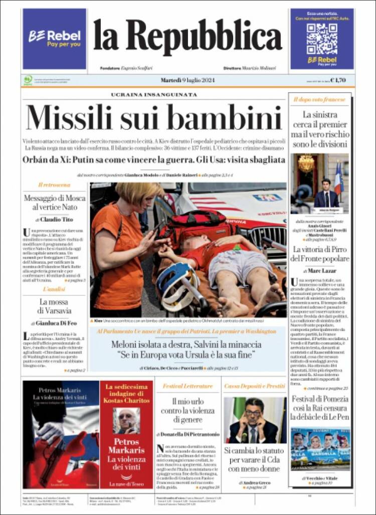 Portada de La Repubblica (Italia)