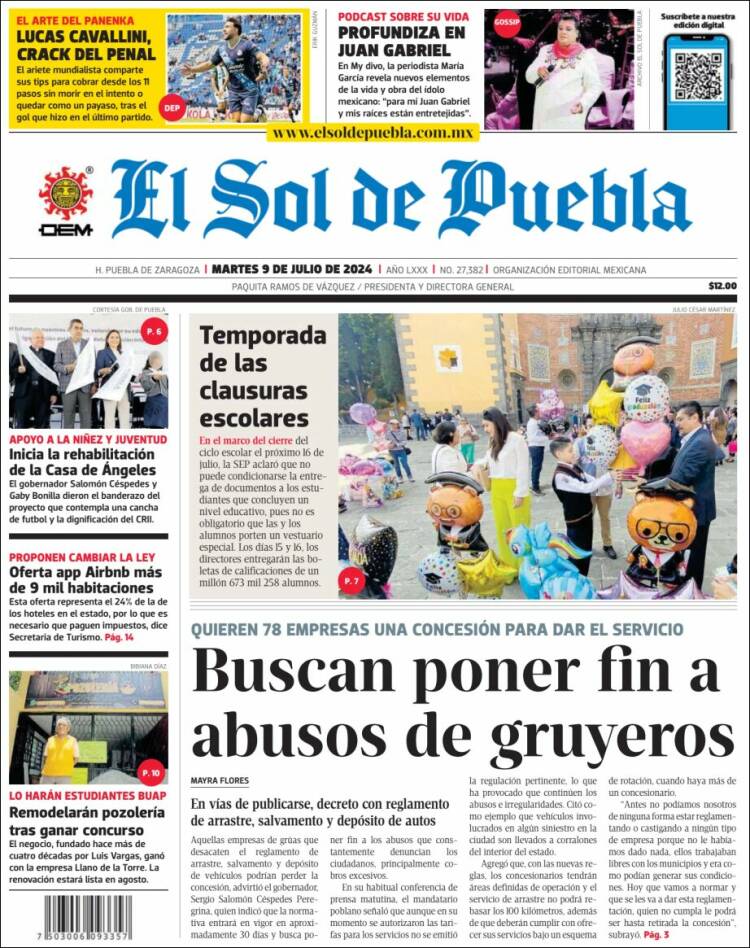 Portada de El Sol de Puebla (M&eacute;xico)