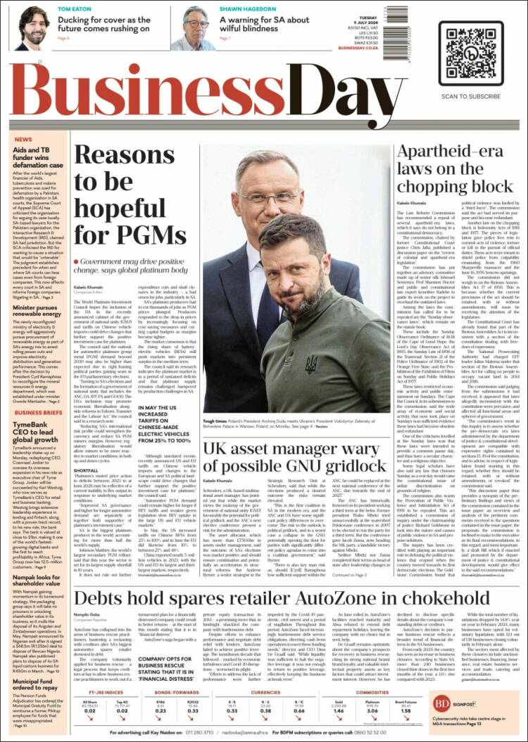 Portada de Business Day (Sud&aacute;frica)