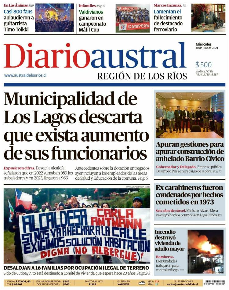 Portada de El Diario Austral de Valdivia (Chile)