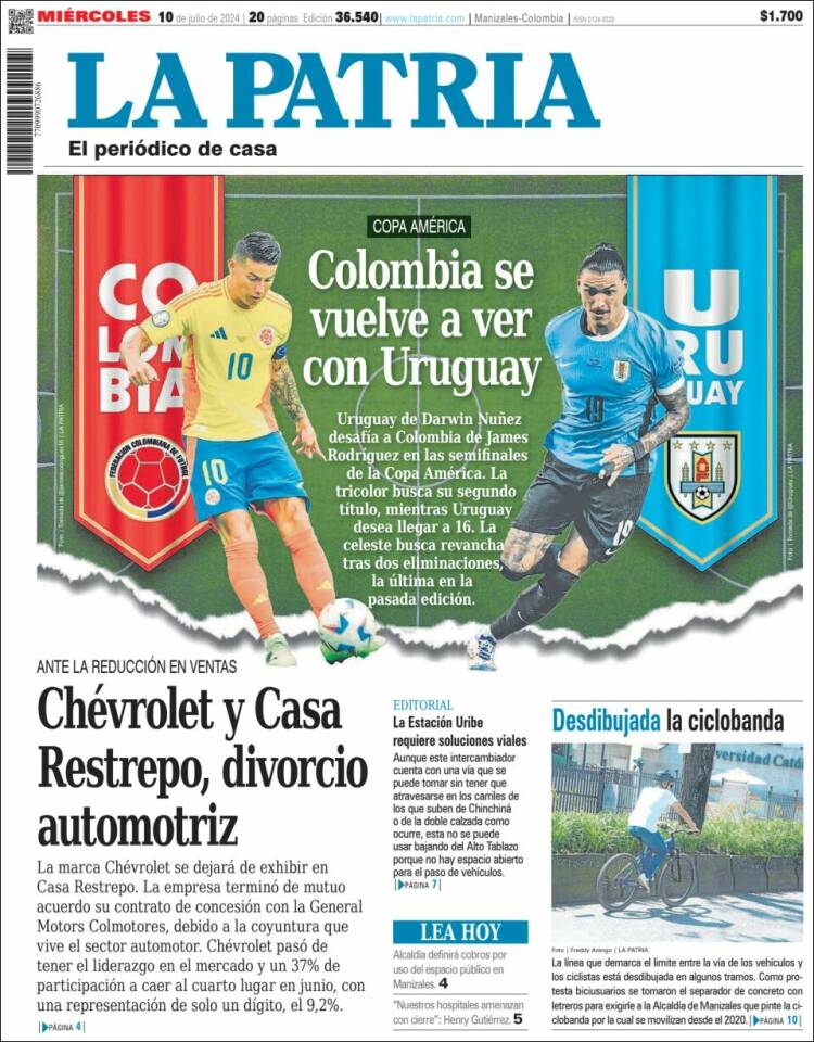 Portada de La Patria (Colombia)