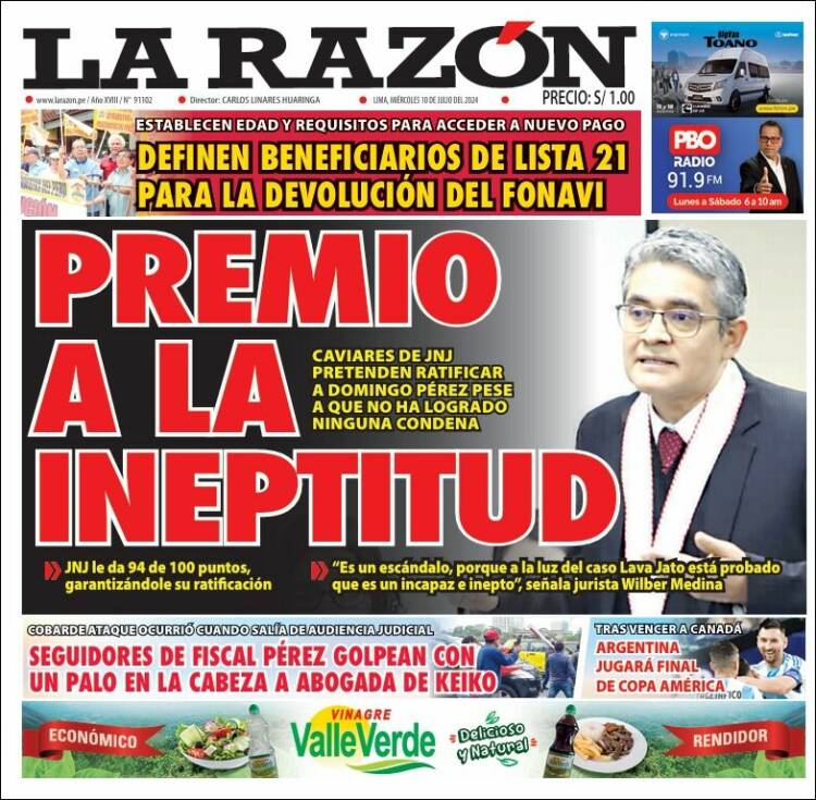 Portada de La Razón (Per&uacute;)