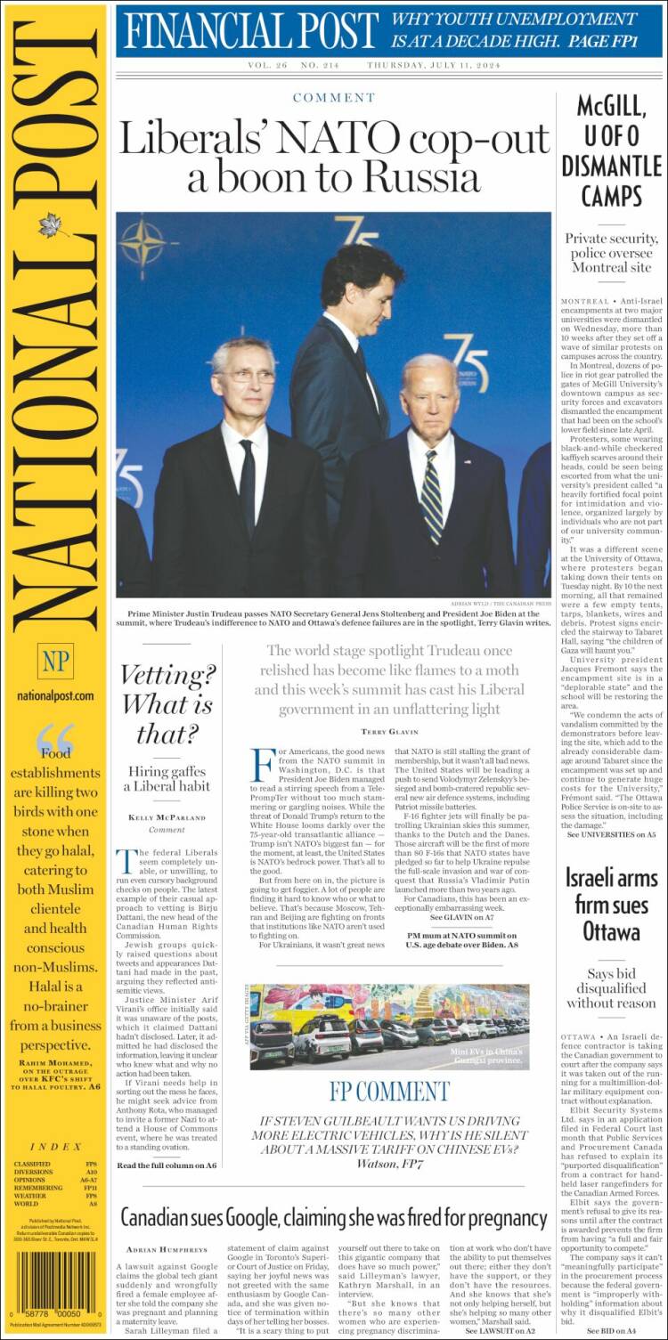 Portada de The National Post (Canadá)