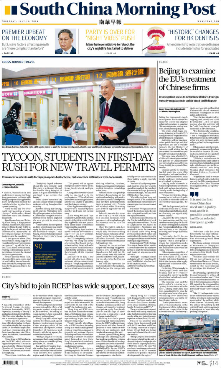 Portada de South China Morning Post (China)