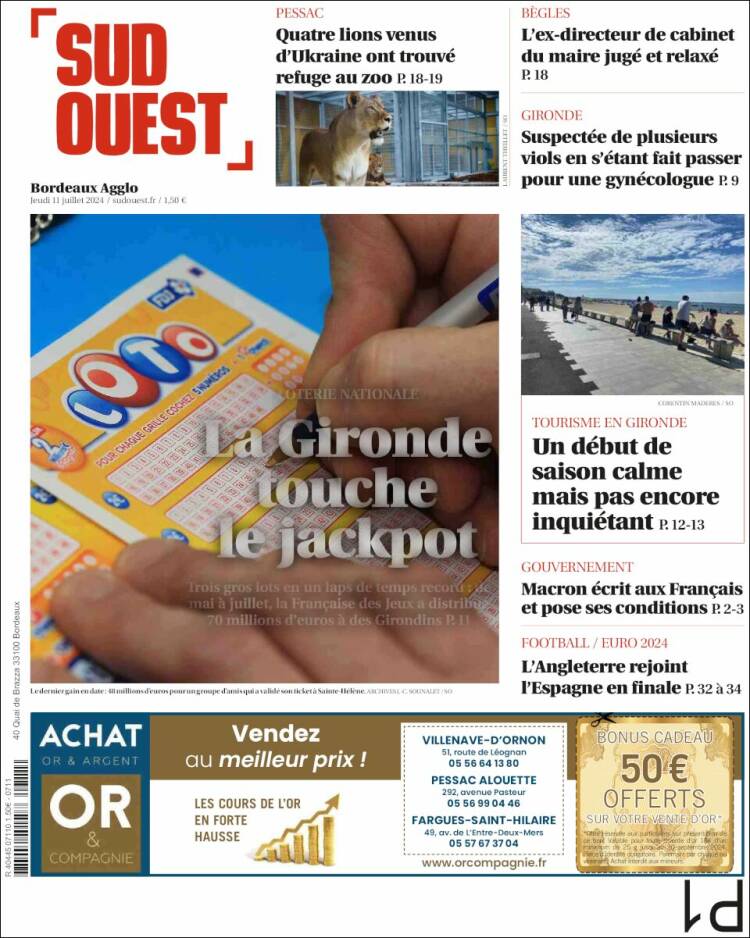 Portada de Sud Ouest (Francia)