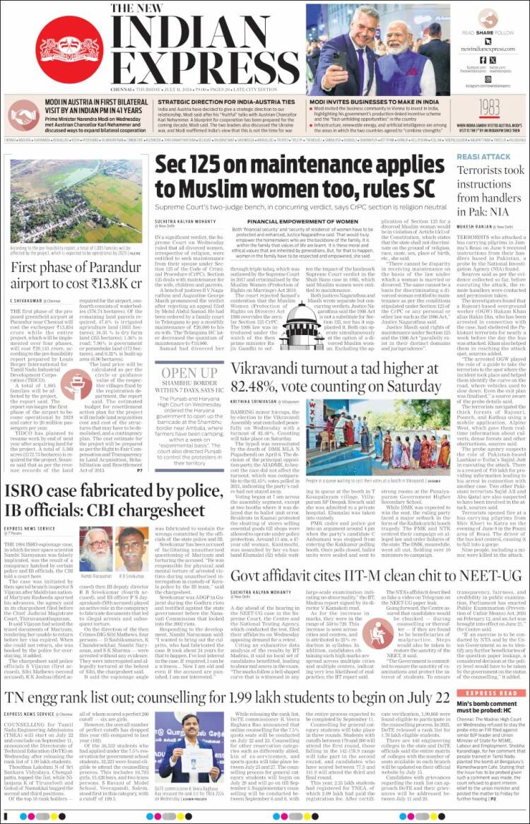 Portada de New Indian Express (India)