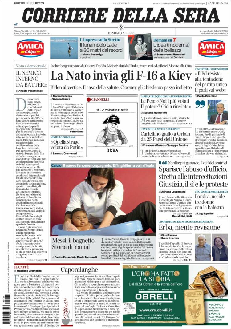 Portada de Corriere della Sera (Italia)