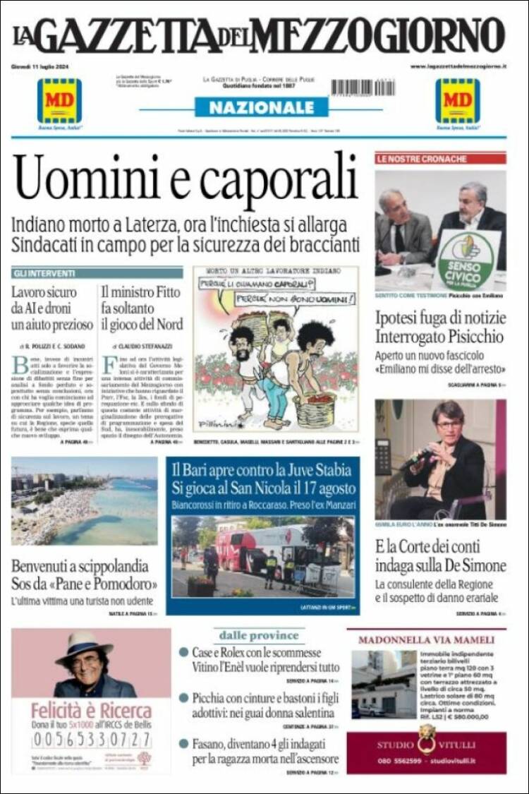 Portada de La Gazzetta del Mezzogiorno (Italia)