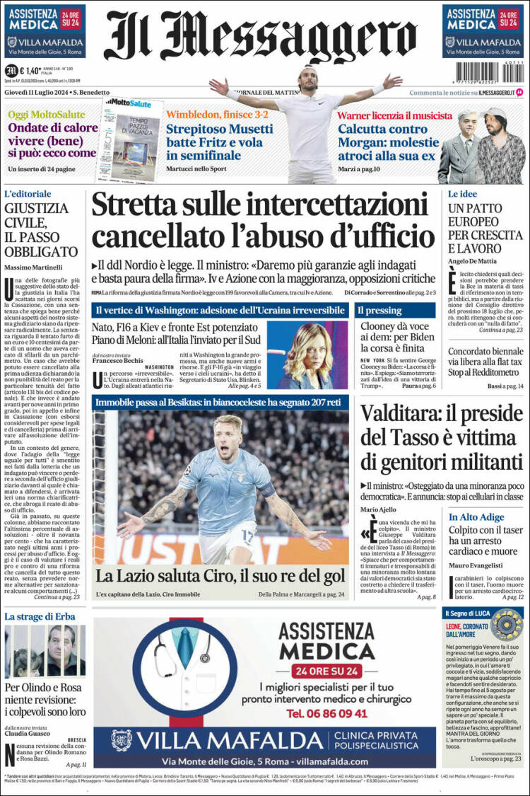 Portada de Il Messaggero (Italia)