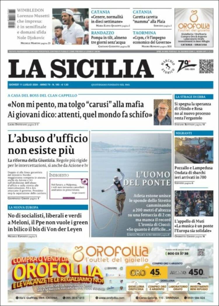 Portada de La Sicilia (Italia)