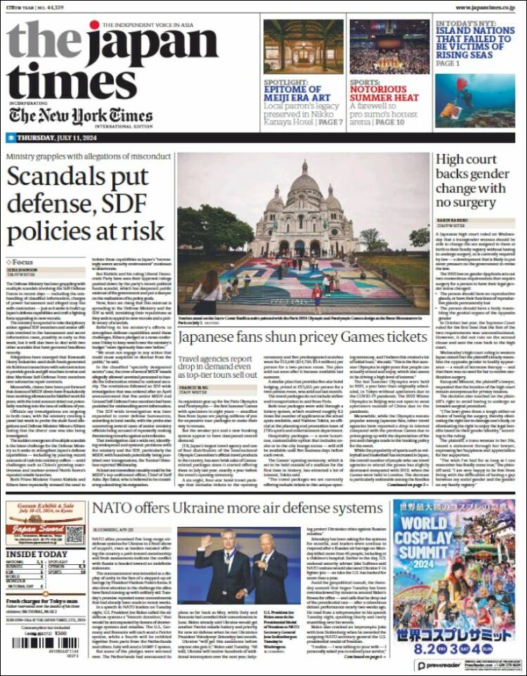Portada de The Japan Times (Jap&oacute;n)