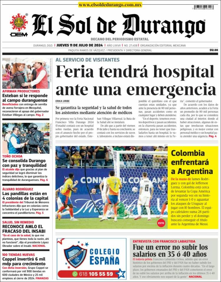 Portada de El Sol de Durango (M&eacute;xico)