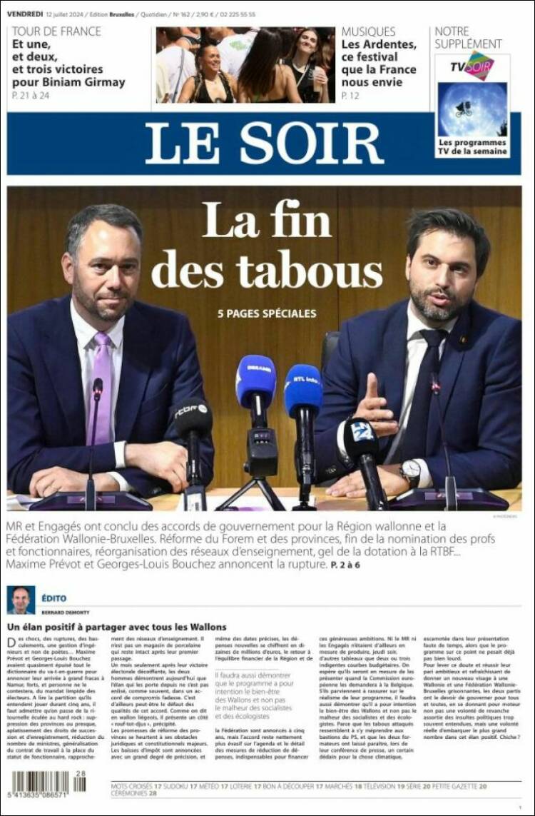 Portada de Le Soir (B&eacute;lgica)