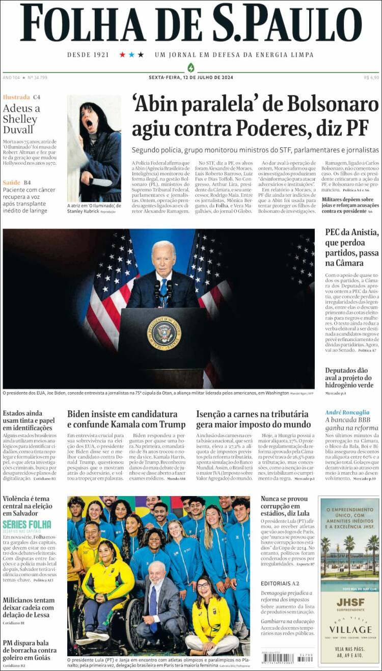 Portada de Folha de São Paulo (Brasil)