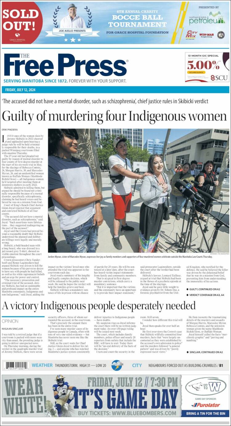 Portada de Winnipeg Free Press (Canadá)