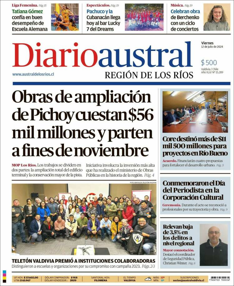 Portada de El Diario Austral de Valdivia (Chile)