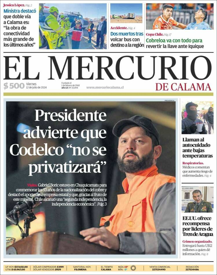 Portada de El Mercurio - Calama (Chile)