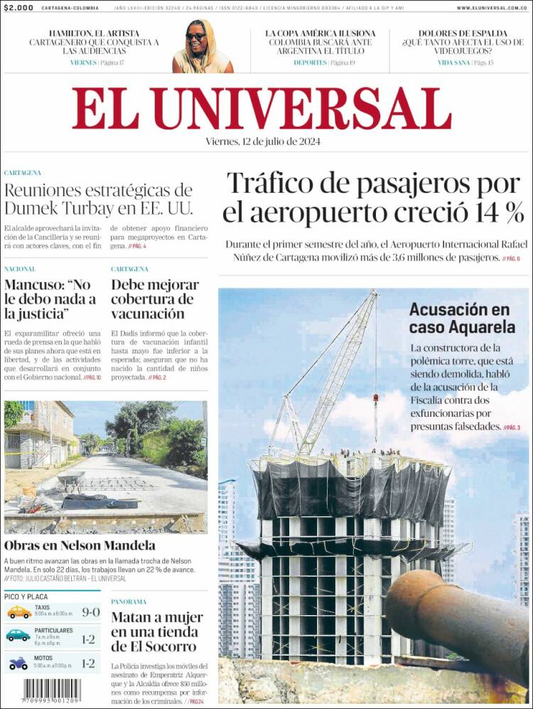 Portada de El Universal (Colombia)